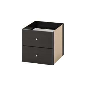 Image of a black wooden nightstand or side table with two drawers.