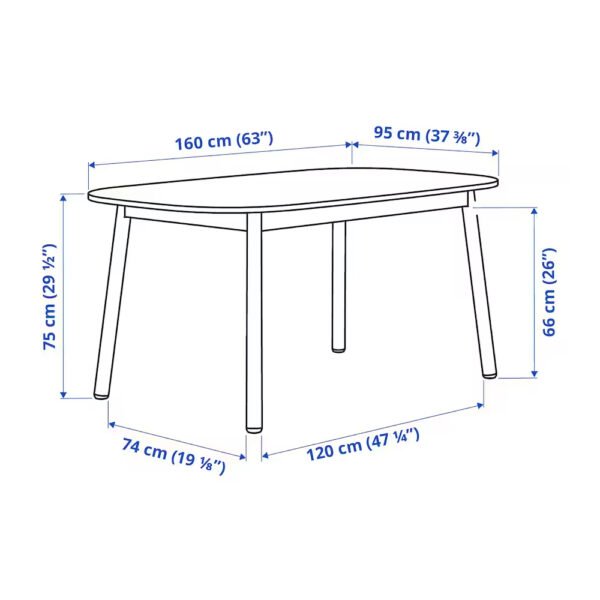 Illustration of a dining table with dimensions labeled, including width, length, and height measurements in centimeters and inches.