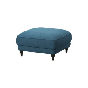 A stylish blue upholstered ottoman with black wooden legs.