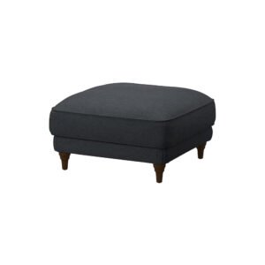 A sleek charcoal gray upholstered ottoman with wooden legs.