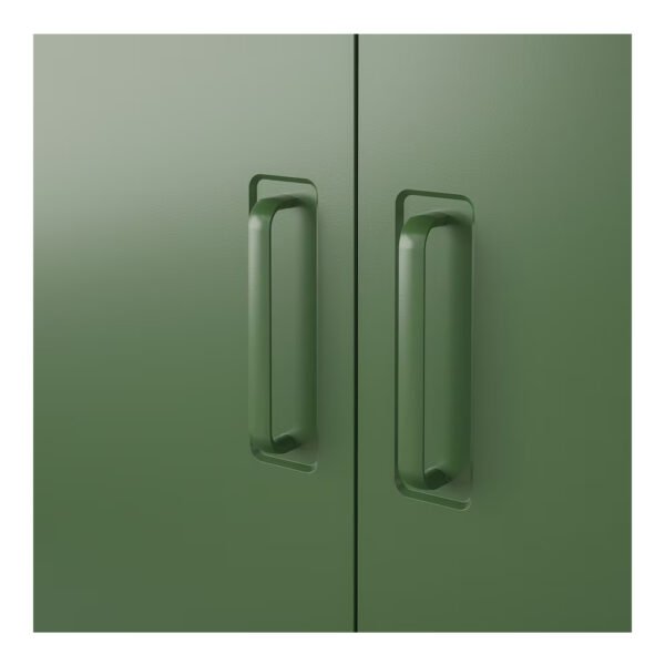 Green cabinet doors with sleek vertical handles