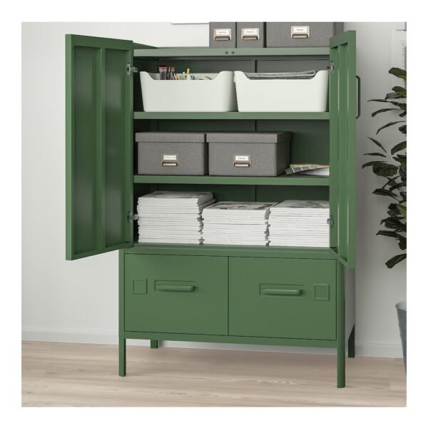 Green cabinet with shelves and storage boxes