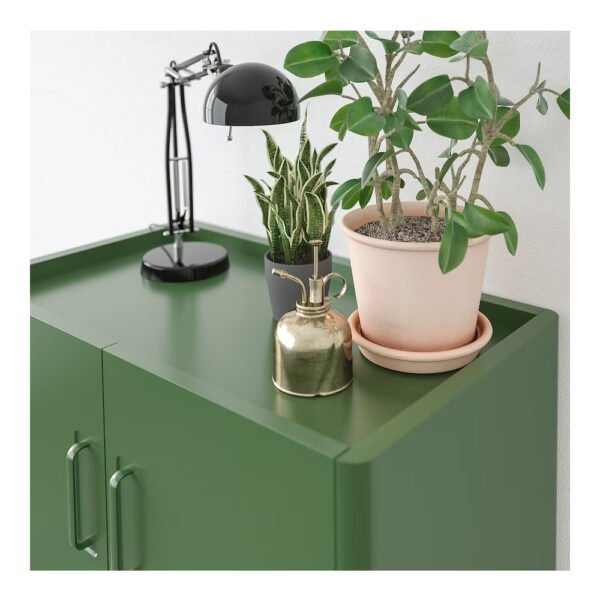 Green cabinet with plants and black desk lamp