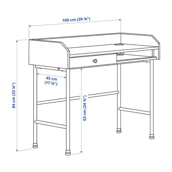 Technical drawing of a modern desk with dimensions