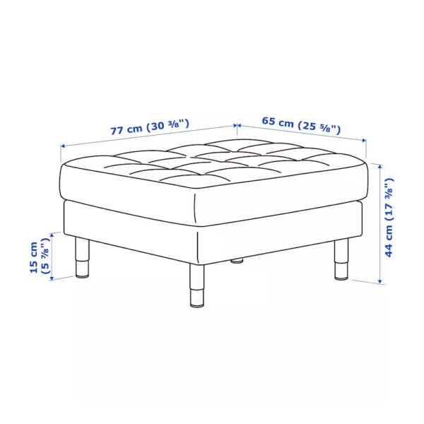 Square white ottoman with dimensions labeled in centimeters.