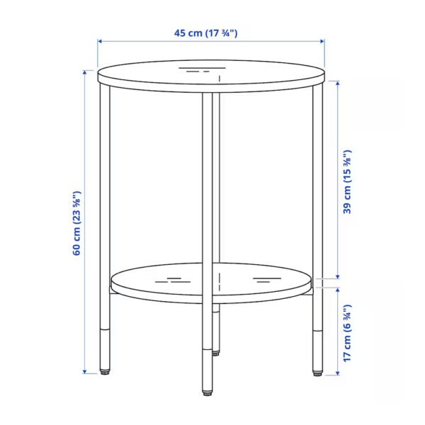 Round table with dimension annotations in centimeters.