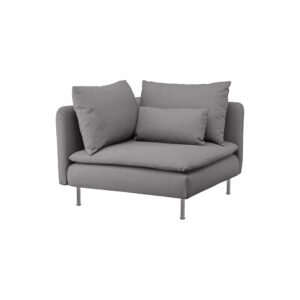 a gray couch with pillows on top of it