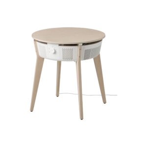 a round table with a white top and wooden legs