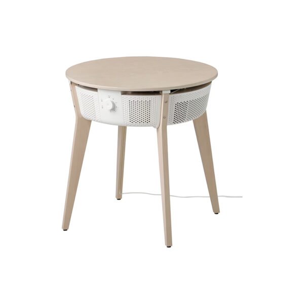 a round table with a white top and wooden legs