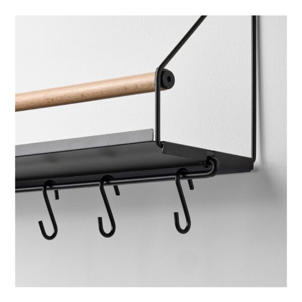 Wall mounted black shelf with hooks and wooden rod