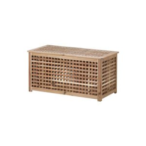 Wooden slatted storage chest on white background