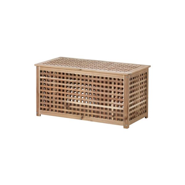 Wooden slatted storage chest on white background