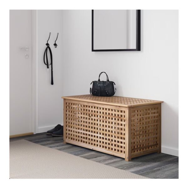 Modern wooden storage bench in a hallway