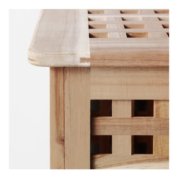 Close-up of a wooden side table featuring a lattice design, showcasing its natural wood finish and craftsmanship.