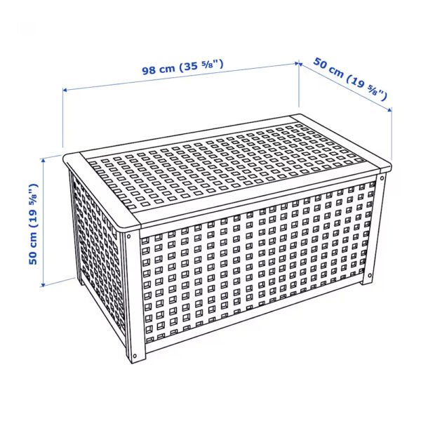 Wicker storage box with dimensions labeled in centimeters